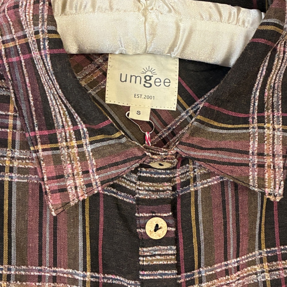 UMGEE Women‎ Plaid Button Up Shirt Oversized Short Sleeve Frayed Hem Size S - Picture 2 of 9